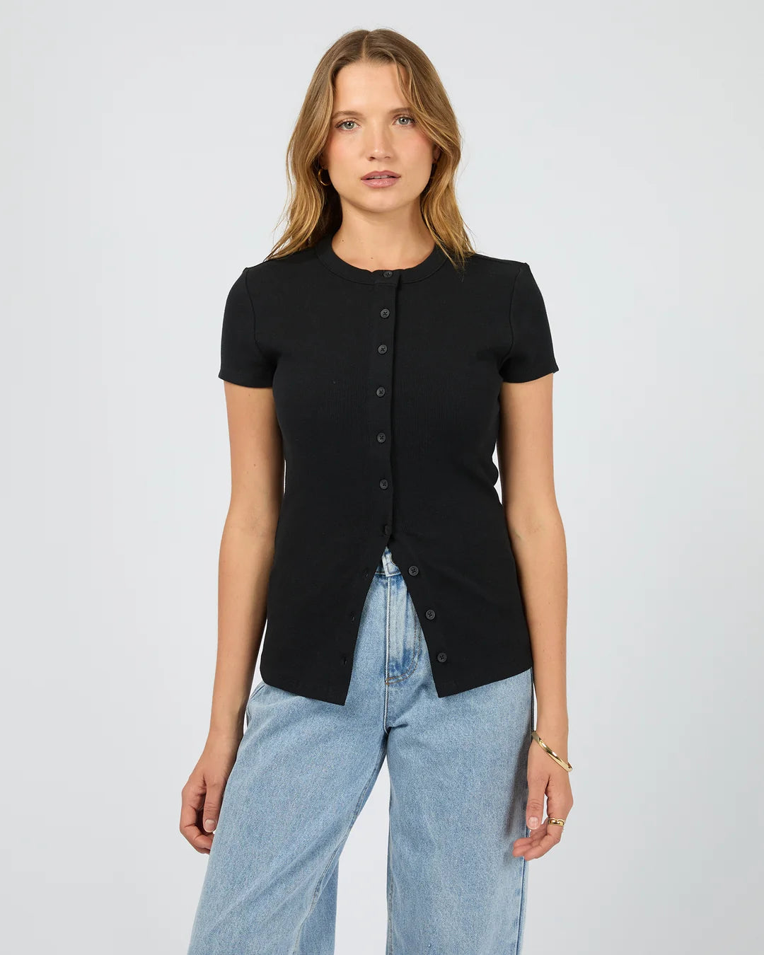 Silent Theory Button Up Short Sleeve Tee in Black