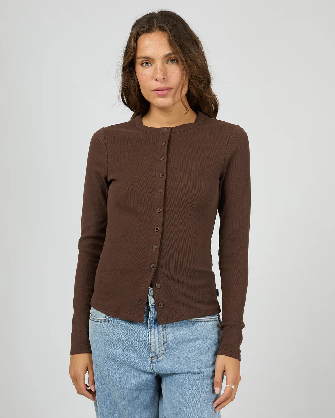 Silent Theory Button Up Long Sleeve Tee in Chocolate