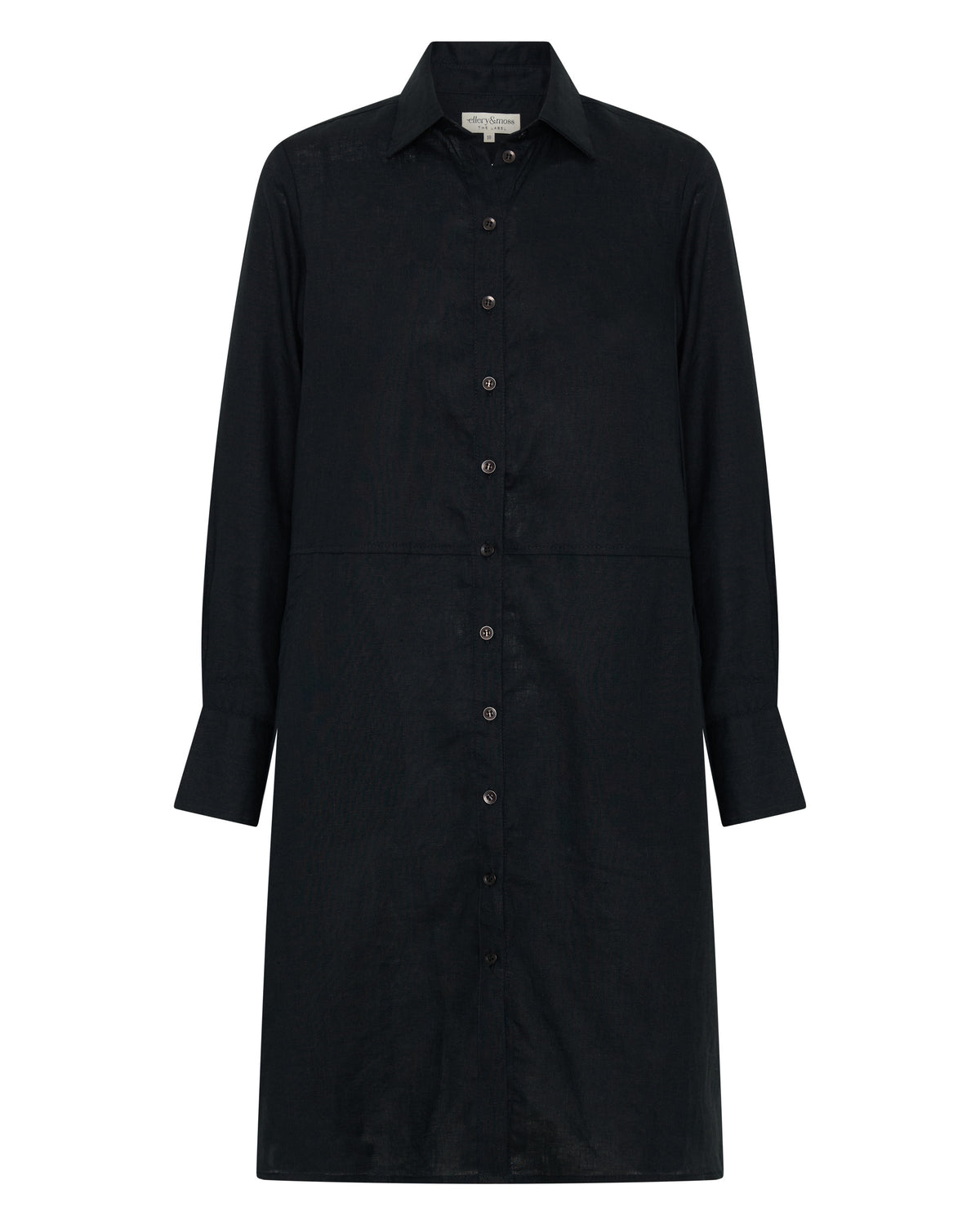 “Black 100 percent linen shirt dress with pockets”