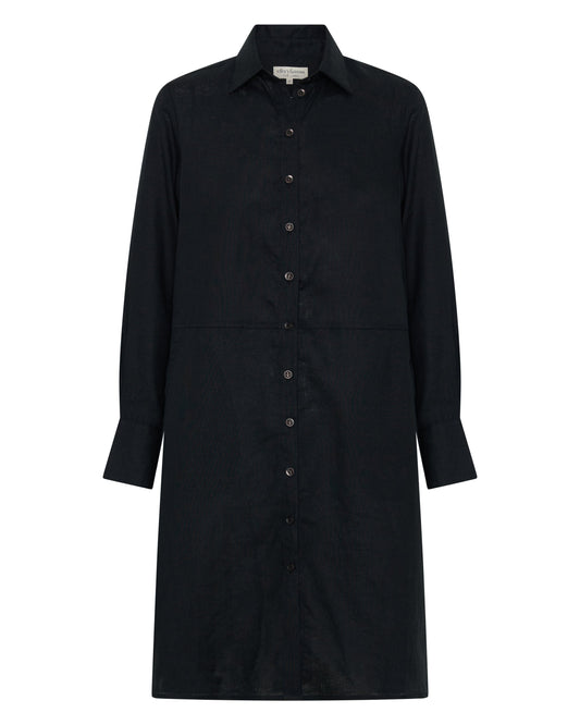 “Black 100 percent linen shirt dress with pockets”