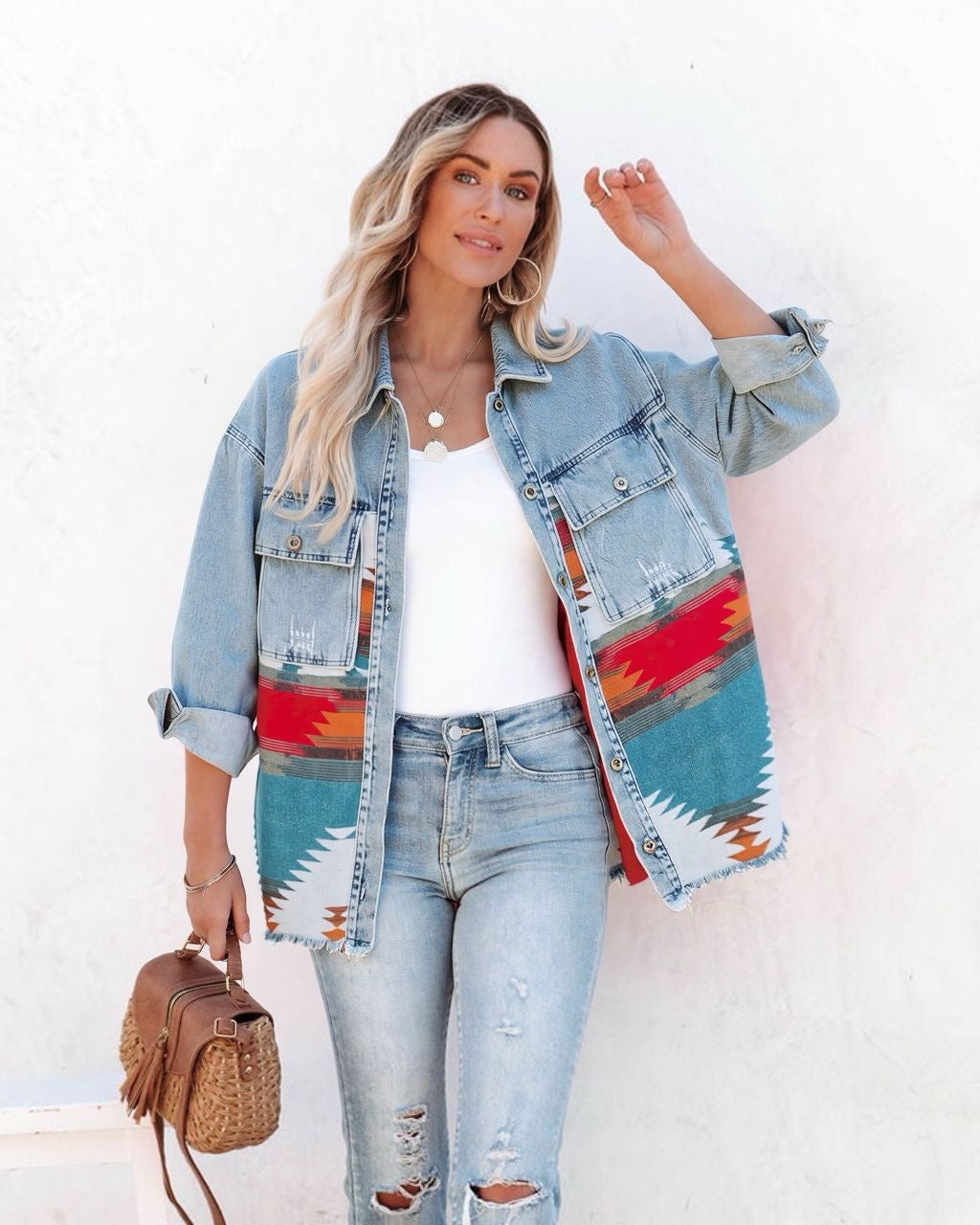 MUTIG Aztec Button Down Denim Jacket