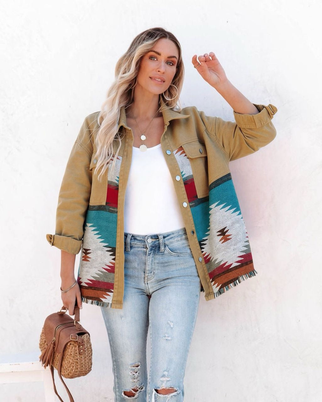 MUTIG Aztec Button Down Denim Jacket