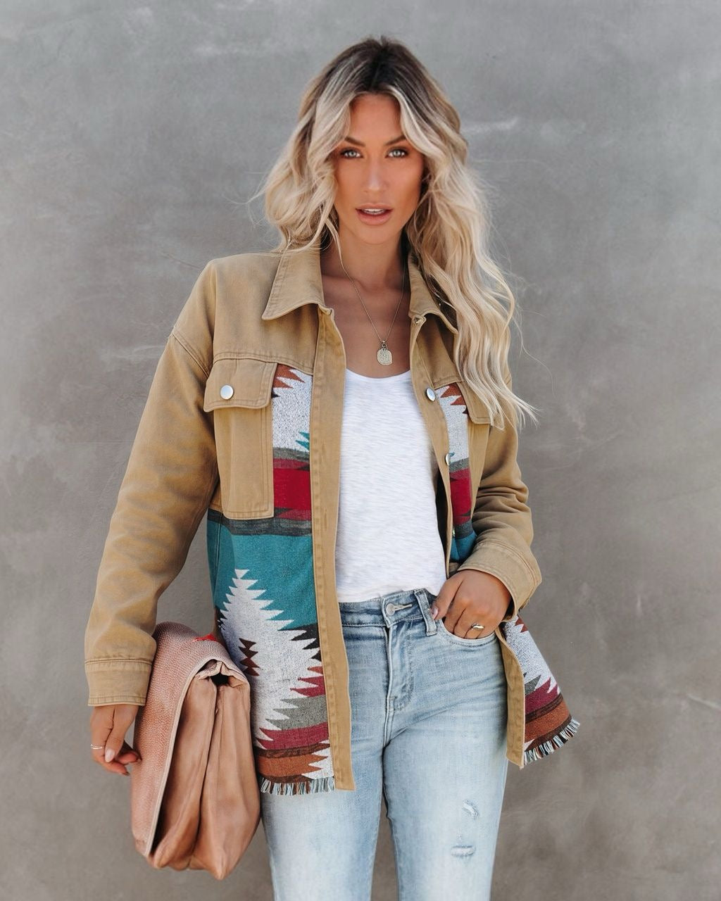 MUTIG Aztec Button Down Denim Jacket