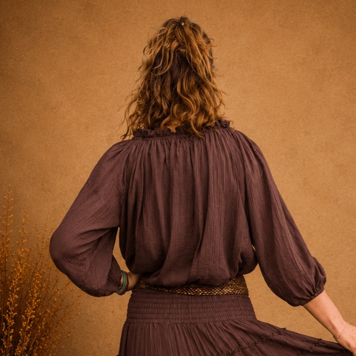 Ombak Peasant Top - Chocolate