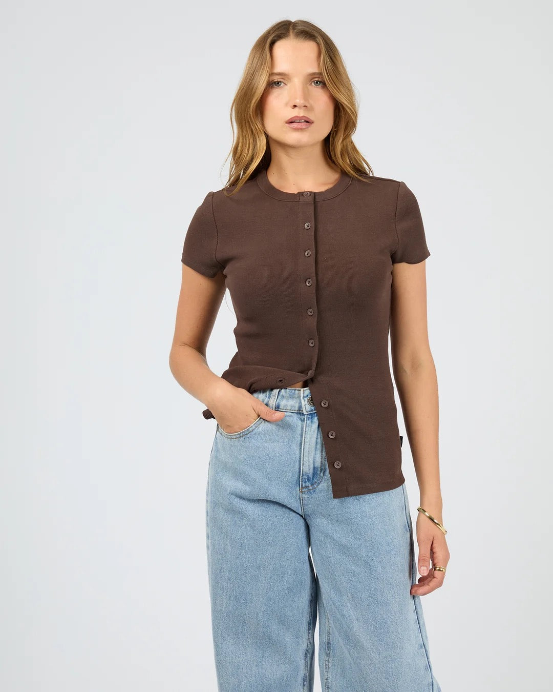Silent Theory Button Up Short Sleeve Tee in Chocolate