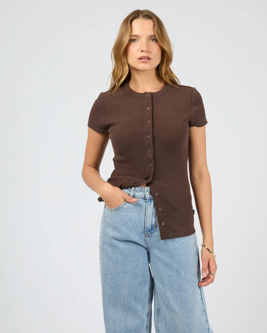 Silent Theory Button Up Short Sleeve Tee in Chocolate