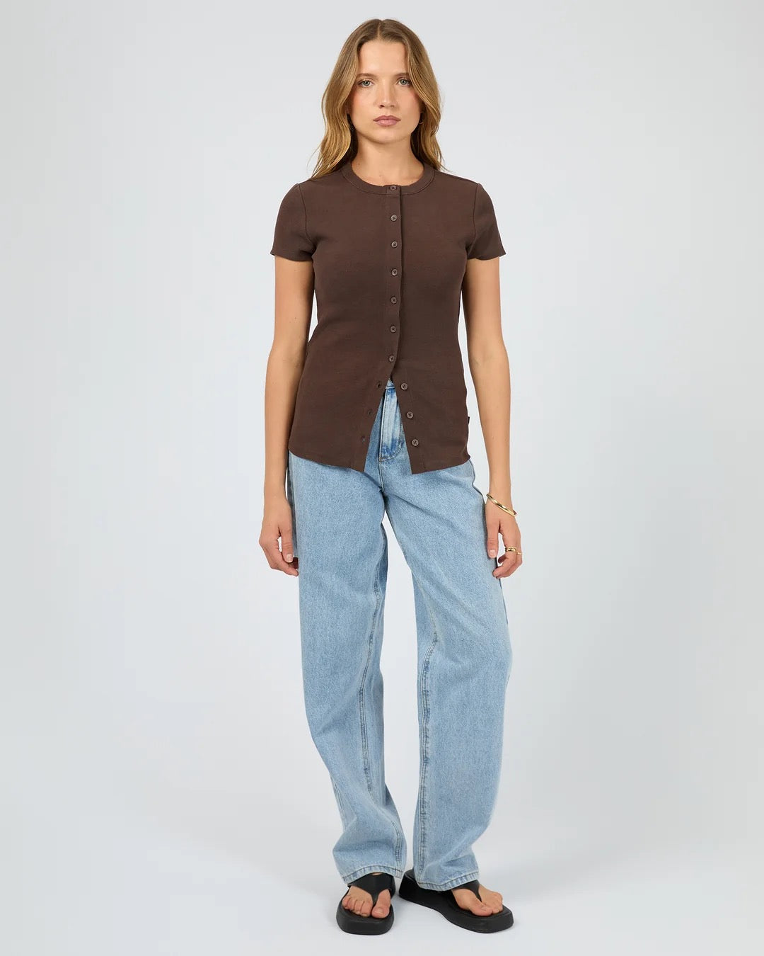 Silent Theory Button Up Short Sleeve Tee in Chocolate