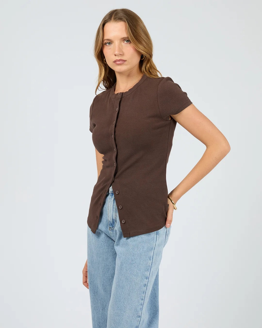 Silent Theory Button Up Short Sleeve Tee in Chocolate