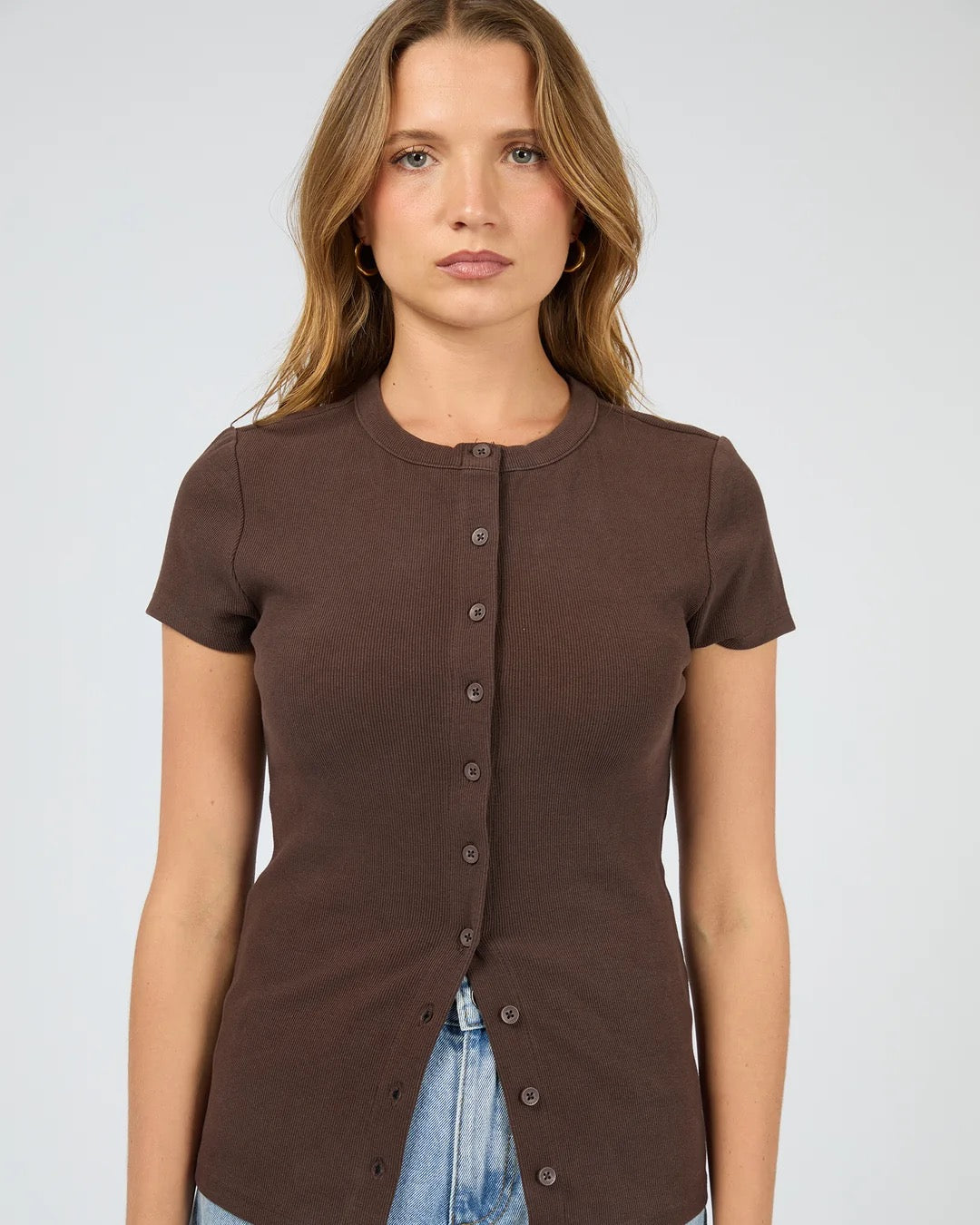 Silent Theory Button Up Short Sleeve Tee in Chocolate
