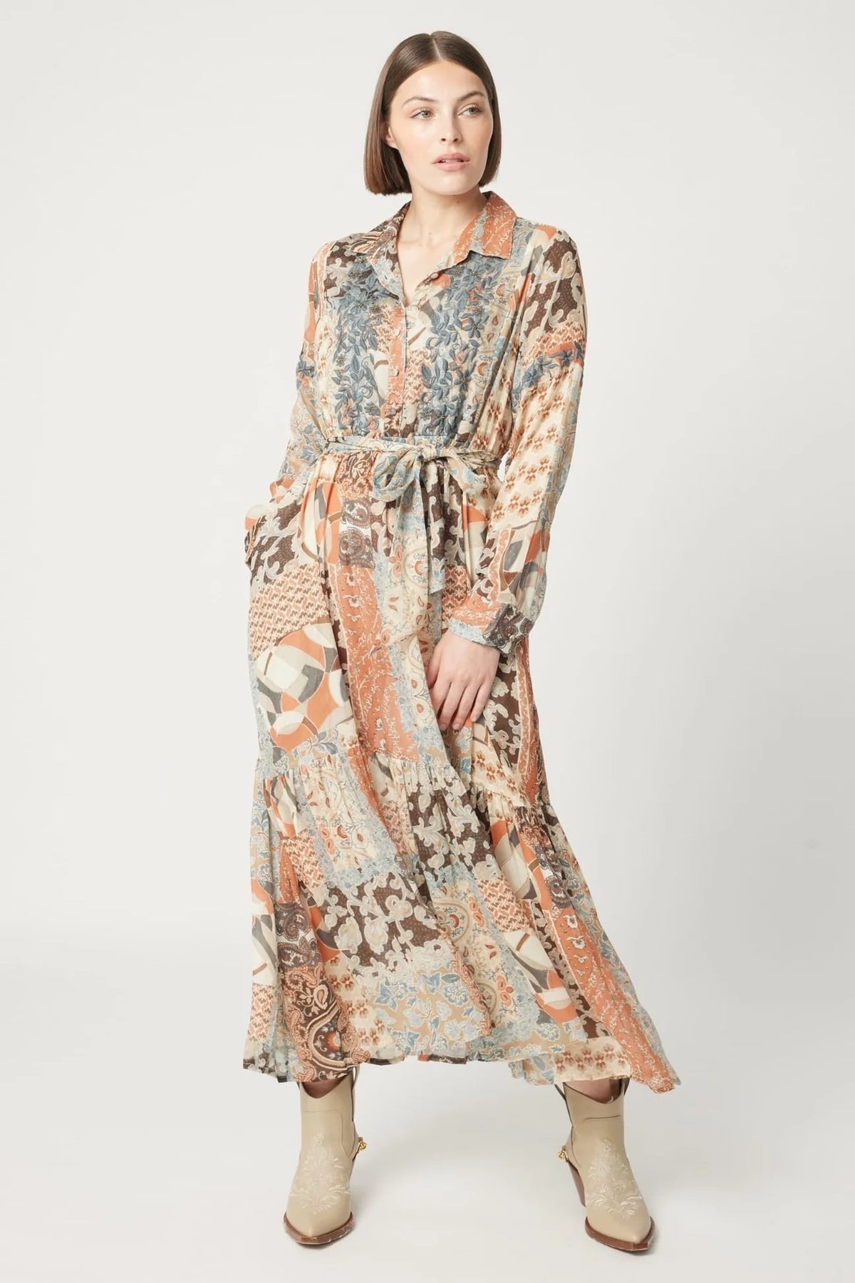 Miss June Elodie Dress in Beige Multi