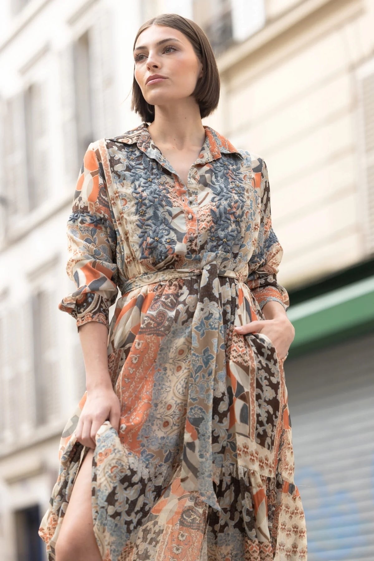 Miss June Elodie Dress in Beige Multi