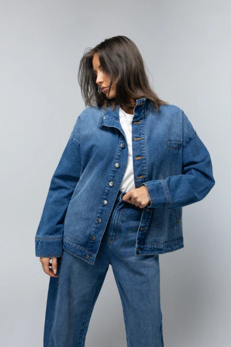 Two Fold Napa Funnel Neck Jacket in Deep Vintage Blue